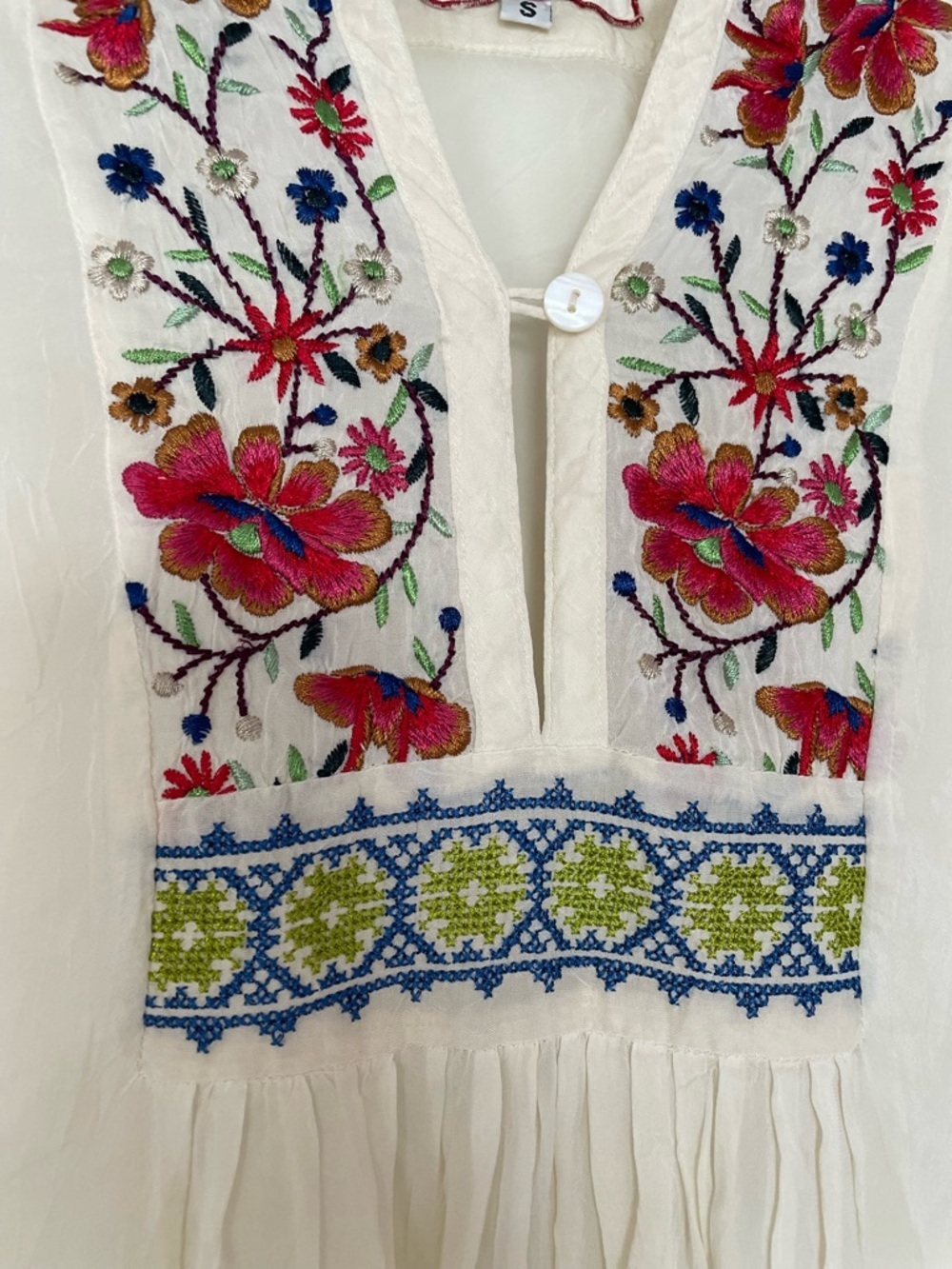 Johnny Was Cream Embroidered V-Neck, Pintuck Peasant Blouse, Small - Picture 5 of 7